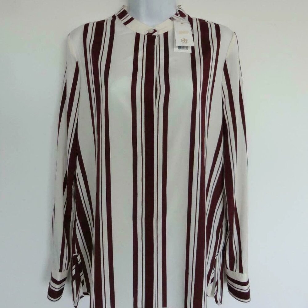 NWT TORY BURCH Stretch Silk Dark Plum Awning Stripe Button Down Top Blouse 6